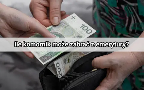 Dłonie wkładają banknoty do portfela. Tekst pyta, ile komornik może zabrać z emerytury, sugerując, że emeryci są chronieni przed komornikiem.