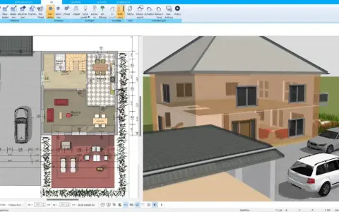 Grundriss und 3D-Ansicht eines modernen **Atrium Hauses** mit zwei Autos davor.