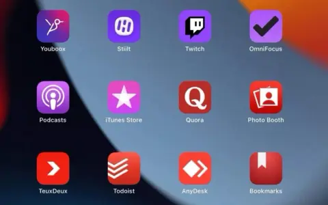 Organiser ses applications iPhone : Youboox, Stiilt, Twitch, OmniFocus, Podcasts, iTunes Store, Quora, Photo Booth, TeuxDeux, Todoist, AnyDesk, Bookmarks.