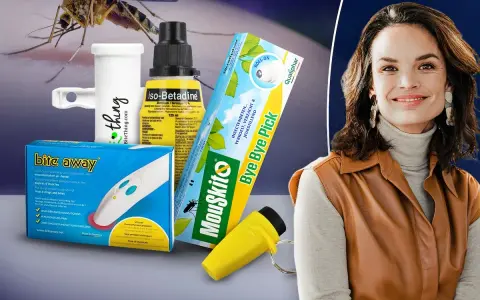 Pour soigner une piqure moustique, découvrez des solutions comme Bite Away et MouSkito. Une femme souriante complète ce visuel.