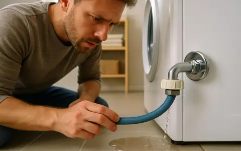Un homme inquiet examine une fuite d'eau sous sa machine à laver. La prise d'eau semble défectueuse.