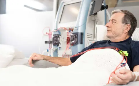 Starszy mężczyzna leży pod kocem, podłączony do aparatury do dializy. Jego ręka spoczywa na podłokietniku, a obok widać maszyny i czerwone wężyki.