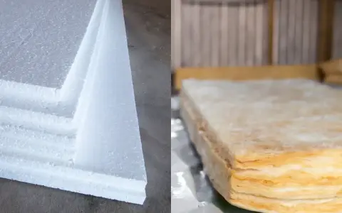 Białe płyty styropianu obok warstwowej wełny mineralnej. Wybór materiału izolacyjnego: wełna czy styropian?
