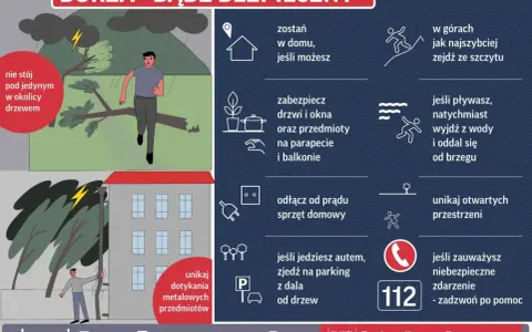 Grafika pokazuje, jak zachować się podczas burzy. W górach zejdź ze szczytu, unikaj drzew i metalowych przedmiotów. Zabezpiecz dom i odłącz sprzęt. W razie potrzeby zadzwoń pod 112.