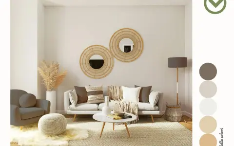 Soggiorno accogliente con divano, poltrona e pouf. Specchi rotondi in rattan e una palette colori neutri arredamento creano un'atmosfera rilassante.
