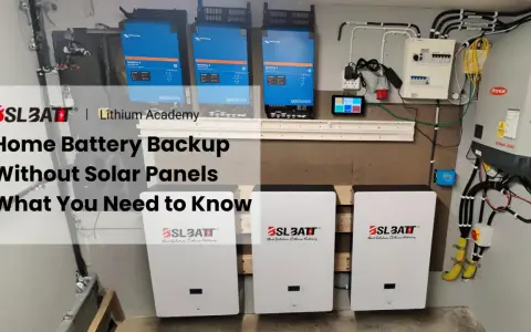 Här visas ett system för batteribackup i hus, med tre vita batterienheter och flera blå växelriktare monterade på väggen.