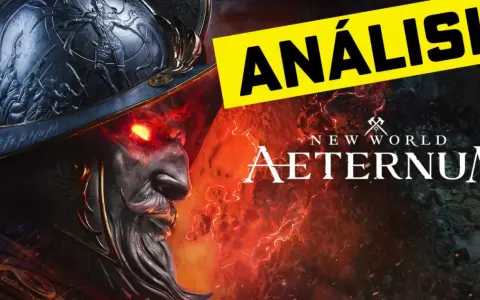 Un personaje con ojos rojos y un casco ornamentado, con el logo de New World Aeternum y la palabra "ANÁLISIS" en amarillo.