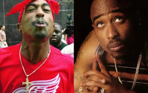 Dwa ujęcia Tupaca. Jedno z czerwoną bandaną, drugie z pytaniem: czy Tupac żyje?
