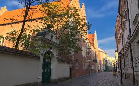 Ulica z brukowaną nawierzchnią prowadzi do zabytkowego Collegium Maius. Złote światło słońca oświetla ceglane mury i pomarańczowe dachy.