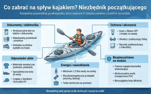 Co zabrać na kajaki? Przewodnik po ekwipunku: dokumenty, odpowiedni ubiór, ochrona, energia i bezpieczeństwo na wodzie.
