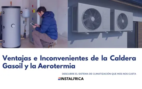 Un hombre revisa una tablet junto a un depósito de calefacción central gasoil. A la derecha, unidades exteriores de aire acondicionado.