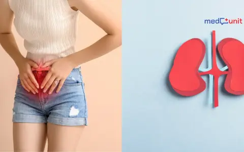 Kobieta z bólem w podbrzuszu i symbol nerek. Gdy czujesz ból, pomyśl o antybiotyku na nerki.