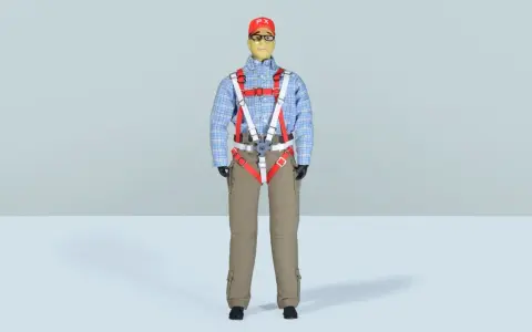 Eine detailreiche **Pilotenpuppe** mit kariertem Hemd, beige Hose und auffälligem roten Gurtzeug.