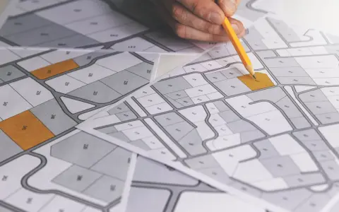 Rysunek geodezyjny z zaznaczonymi działkami, ręka z ołówkiem planuje scalenie gruntów.