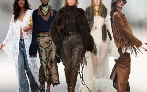 Fünf Models präsentieren Looks im typisch 70er Jahre Stil: Spitzenkimono, Schlaghosen, Ethno-Muster, Leder und Fransenjacken.