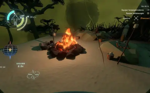 Una fogata en Outer Wilds, con un HUD que muestra la duración de la aventura. El jugador se prepara para explorar.