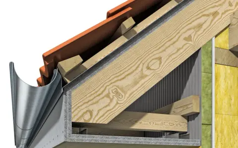 Detailansicht einer Dachkonstruktion mit fermacell Unterkonstruktion aus Holz. Dachziegel, Holzbalken und Dämmung sind sichtbar.