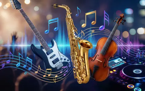 Gitara, saksofon, skrzypce i DJ-ka. Różne rodzaje muzyki i przykłady dźwięków.