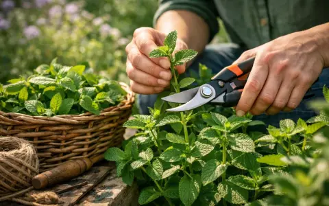 Récolte de menthe fraîche pour savoir comment faire pousser de la menthe. Un panier déborde de feuilles vertes.
