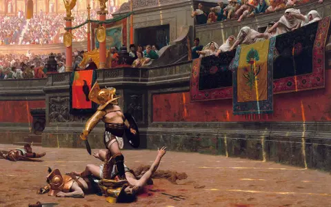 Ein siegreicher Gladiator im alten Rom steht über seinen besiegten Gegnern. Die Menge jubelt von den Rängen.