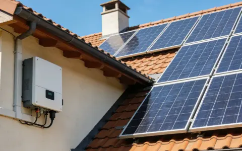 Panneau solaire sur un toit avec un onduleur blanc. Pour savoir si un onduleur ne fonctionne plus, vérifiez son écran ou les voyants lumineux.