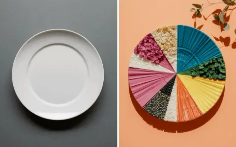Une assiette blanche à gauche, une roue chromatique de textures et couleurs alimentaires à droite. Un vrai coup de food !