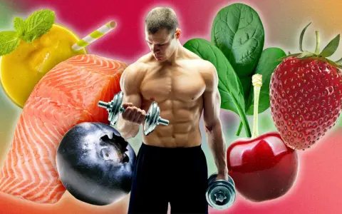 Un homme musclé soulève des haltères, entouré d'aliments sains : saumon, myrtilles, fraises, cerises, épinards, smoothie. Une image qui symbolise l'alimentation anti inflammatoire et le bien-être.