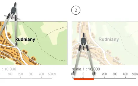 Dwa fragmenty mapy z miejscowością Rudniany, porównujące skalę. Cyrkiel pokazuje tolerancję symetrii w pomiarach.