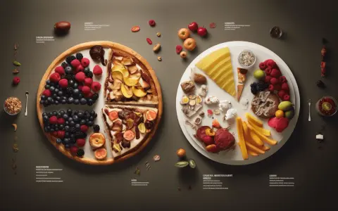 Två runda fat med olika platillos de comida. Ett fat har bär och fruktpajer, det andra har ost, frukt, pommes frites och charkuterier.