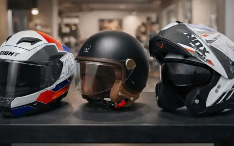 Tre caschi da moto in primo piano: uno bianco con grafiche rosse e blu, uno nero stile retrò con interni in pelle, e uno bianco e nero con visiera scura. La calotta del casco è il dettaglio che cattura l'attenzione.