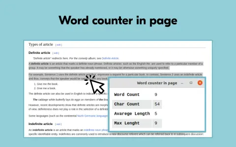 Ventana de "Word counter in page" mostrando 9 palabras por página, 54 caracteres, longitud promedio 5 y longitud máxima 9.