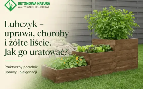 Lubczyk w drewnianej skrzyni, z tekstem o tym, czemu lubczyk żółknie i jak go uratować.