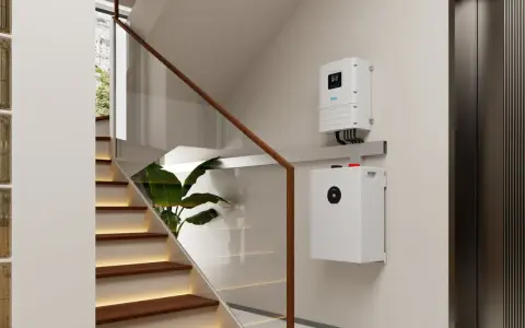 En modern trappa med en växelriktare och ett batteri monterade på väggen, redo för solenergi.