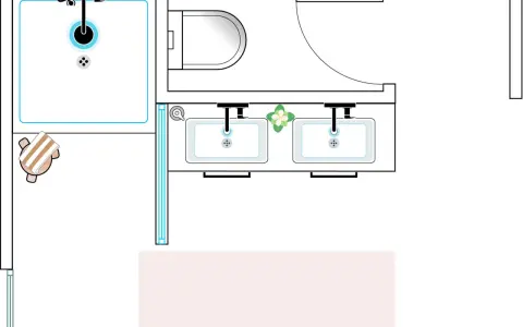 Plano de baño con ducha, inodoro, lavabo doble y toalla. Incluye detalles para planos de baños con medidas.