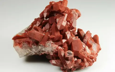 Grappolo di cristalli di quarzo rosso, con sfaccettature lucide. Il quarzo rosso significato è legato all'energia vitale e alla passione.