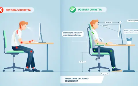 Confronto tra postura scorretta e corretta al computer. Il linguaggio del corpo è fondamentale per una postazione di lavoro ergonomica.