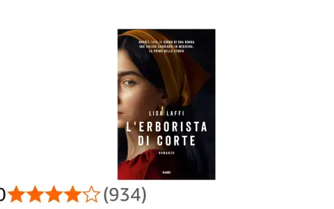 Copertina del romanzo "L'erborista di corte" di Lisa Laffì, con il ritratto di una donna e la trama ambientata a Napoli nel 1414.