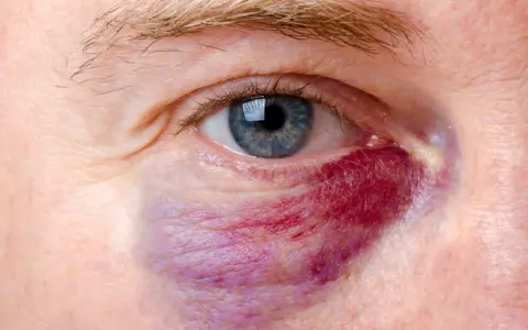 Occhio con un'improvvisa macchia nera e viola sotto la palpebra, segno di un livido.