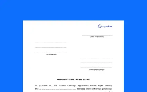 Formularz wypowiedzenie umowy najmu. Dokument zawiera pola na dane najemcy, wynajmującego, datę i miejscowość.