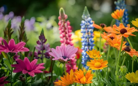 Un joyeux mélange de fleurs colorées, parfaites pour une jardinière : marguerites roses, lupins bleus et roses, et des fleurs orange vif.