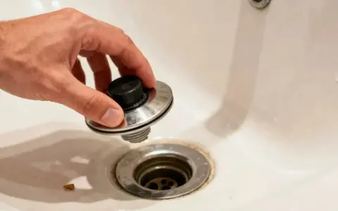 A hand holds a bathtub drain stopper, showing how to remove bathtub drain parts for cleaning or repair.