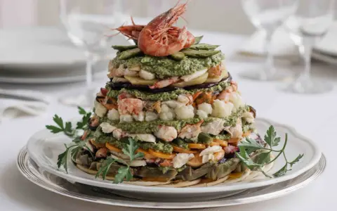 Un maestoso cappon magro a strati, con gamberi, verdure e salsa verde, guarnito con prezzemolo fresco.