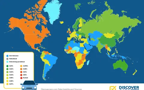 Mapa świata pokazuje limity promili we krwi podczas jazdy. 0.08 ile to promili? W niektórych krajach jest to 0.08%, w innych 0.05% lub zero tolerancji.