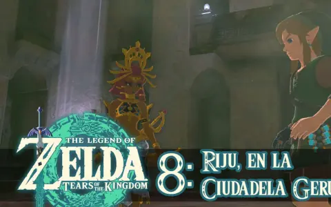 Link y Riju en la Ciudadela Gerudo, bajo un rayo de luz.