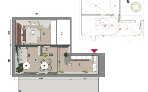 Progetto casa 50 mq: planimetria con arredi, zona giorno, notte e schema tecnico.