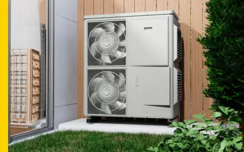 Unidad exterior de una bomba de calor para calefacción, instalada junto a una pared de madera y rodeada de vegetación.