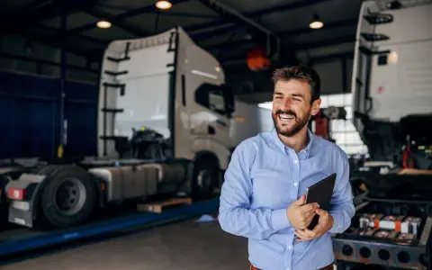 Uśmiechnięty mężczyzna z tabletem w ręku, w tle warsztat z ciężarówkami. Oferuje **usługę transportową ryczałt**.