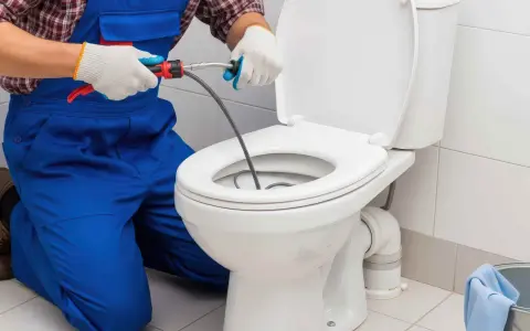 Instalator w niebieskim ogrodniczkach używa przepychacza do udrożnienia rury odpływowej WC.