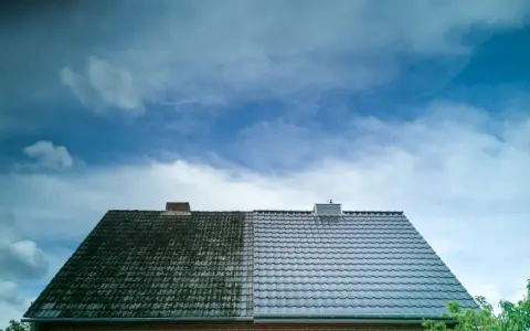 Vergleich: Eine Dachhälfte ist stark bemoost, die andere frisch beschichtet. Mögliche Nachteile der Dachbeschichtung sind hier nicht sichtbar.