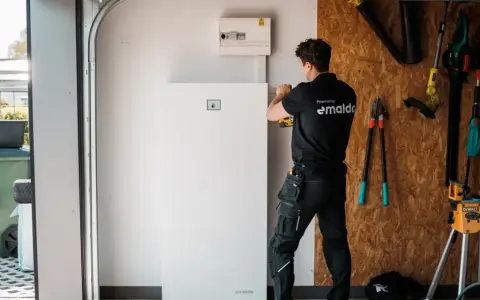 Tekniker installerar ett stort, vitt solpaneler batteri i ett garage. Verktyg hänger på väggen bakom.